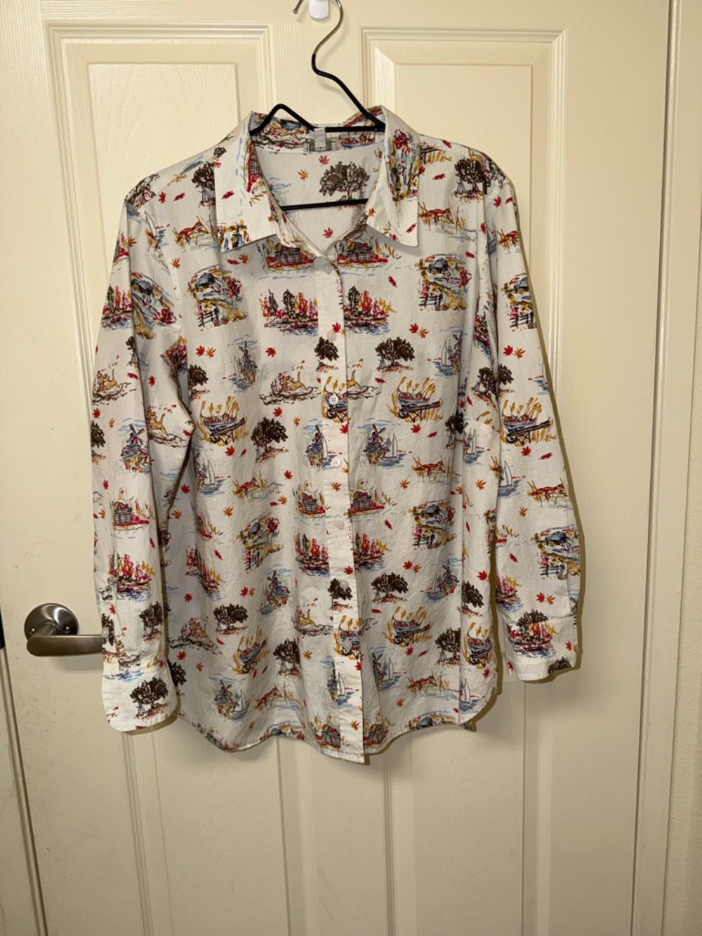 White Scenic Print Button-Up Shirt